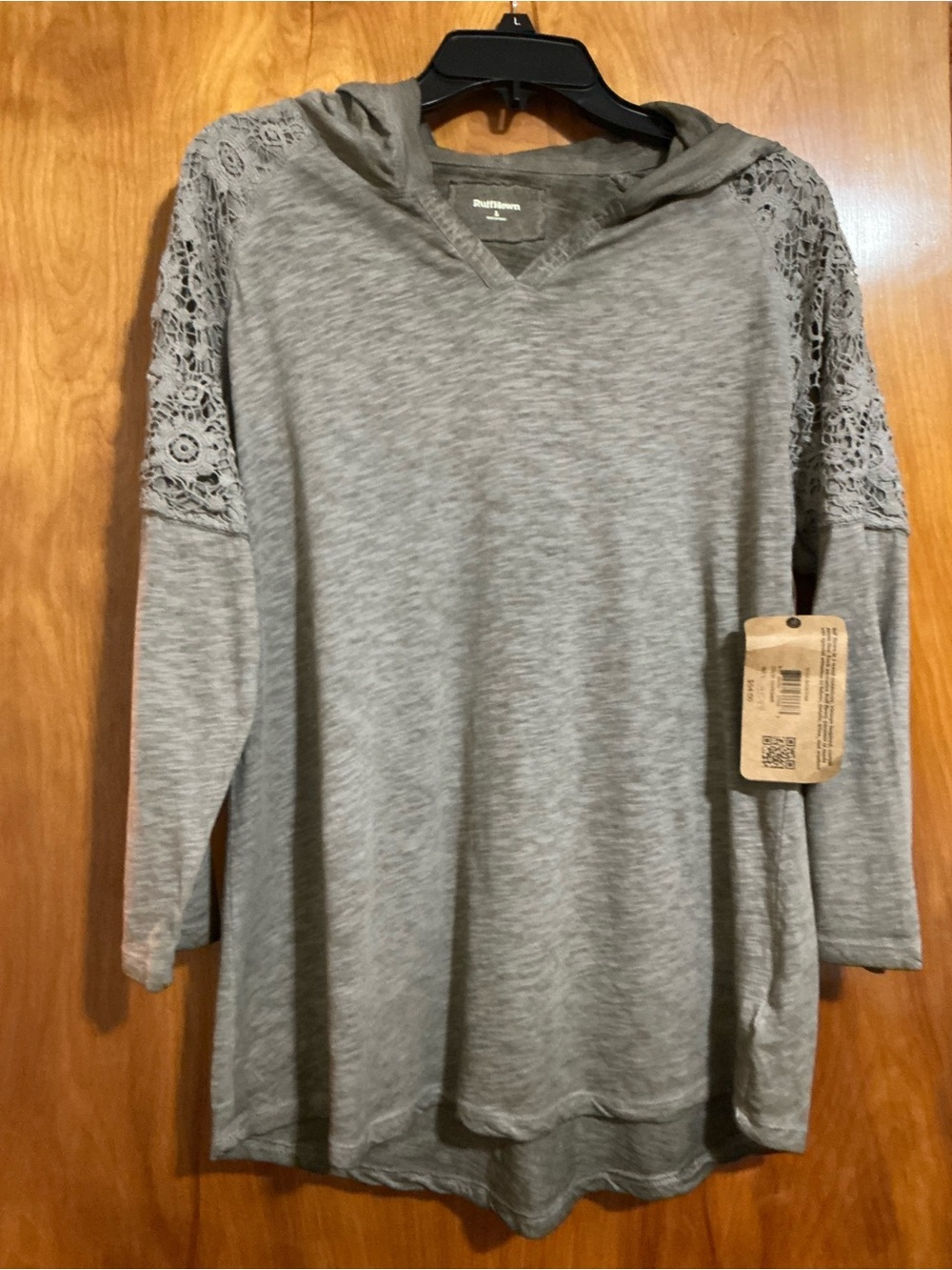Ruff Hewn Olive Green Crochet-Shoulder Hooded Tunic Large